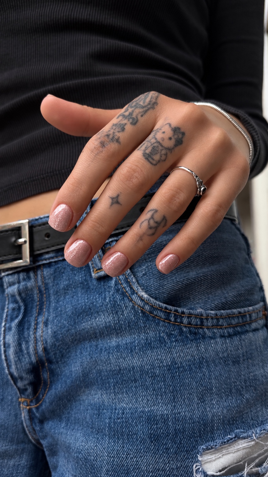 Kurze Nude-Maniküre mit feinem Glitzer im Alltag